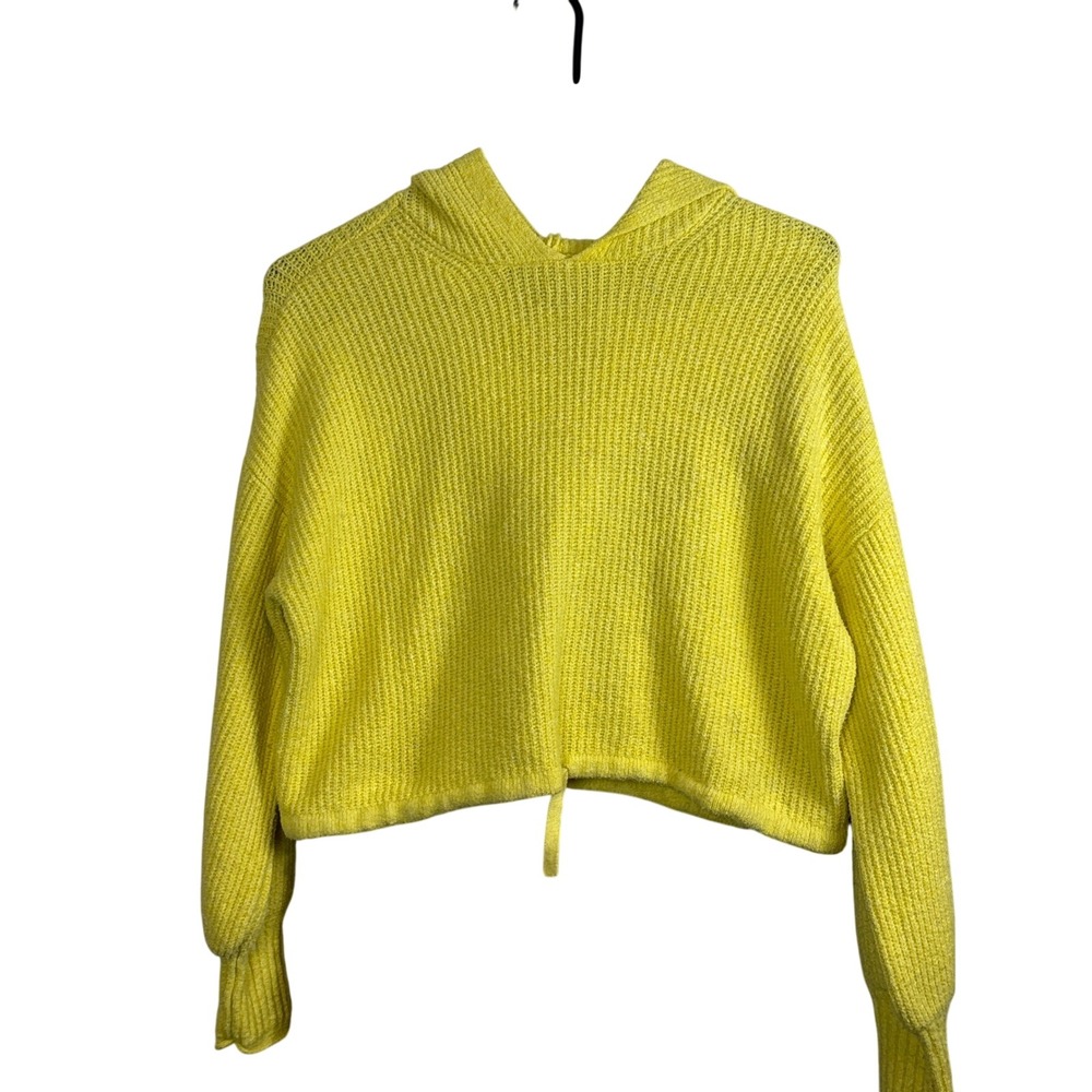 American Eagle Womens Cropped Knit Hoodie Yellow Pullover Sweater size XS